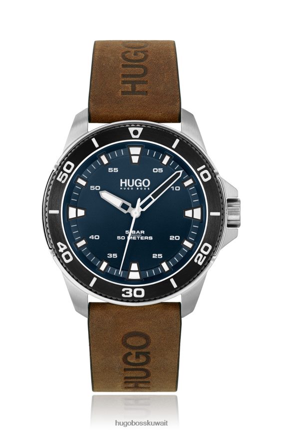 4TFNJN5438 بني Hugo Boss ساعة هوغو بنية بمينا أزرق وحزام جلدي مختوم بالشعار