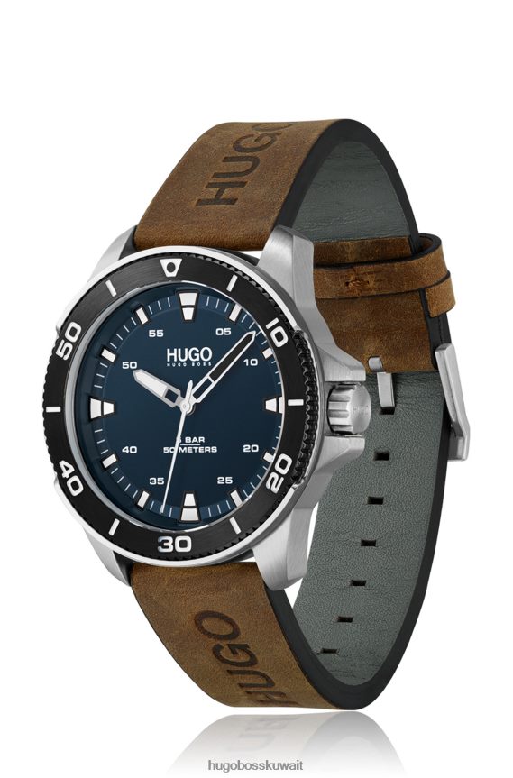 4TFNJN5438 بني Hugo Boss ساعة هوغو بنية بمينا أزرق وحزام جلدي مختوم بالشعار