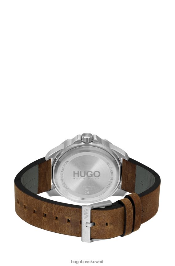 4TFNJN5438 بني Hugo Boss ساعة هوغو بنية بمينا أزرق وحزام جلدي مختوم بالشعار