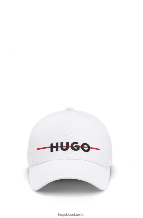 4TFNJN5442 أبيض Hugo Boss قبعة من نسيج قطني طويل مع شعار وشريط أحمر باللون الأبيض