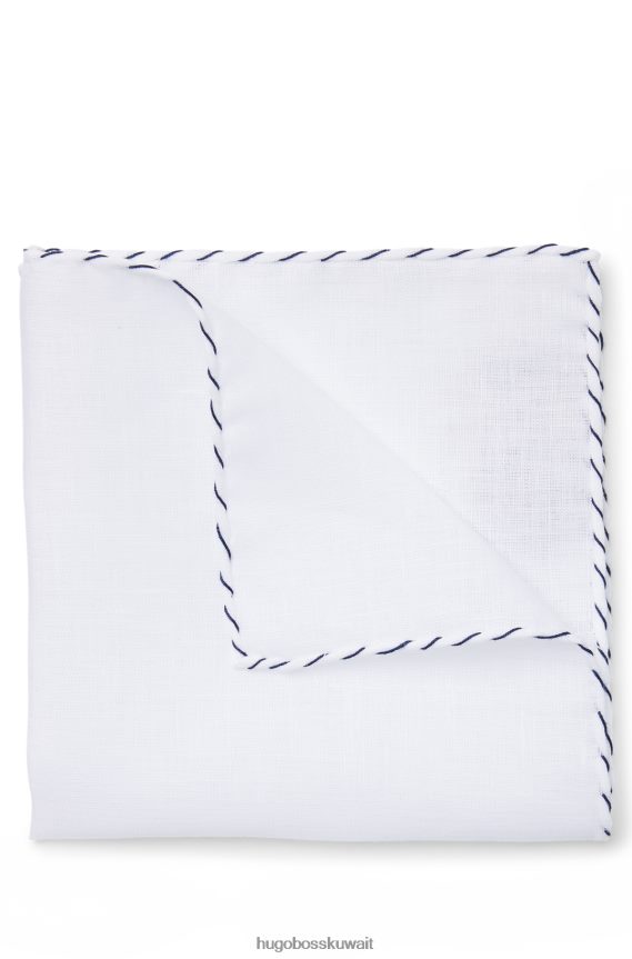 4TFNJN5447 أبيض Hugo Boss مربع جيب أبيض من الكتان النقي مع حاشية هوغو مصنوعة يدويًا