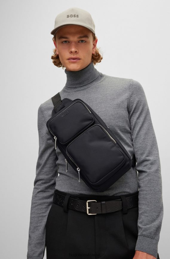 4TFNJN5449 أسود Hugo Boss حقيبة ظهر هوغو سوداء بحزام أحادي مع تفاصيل الشعار
