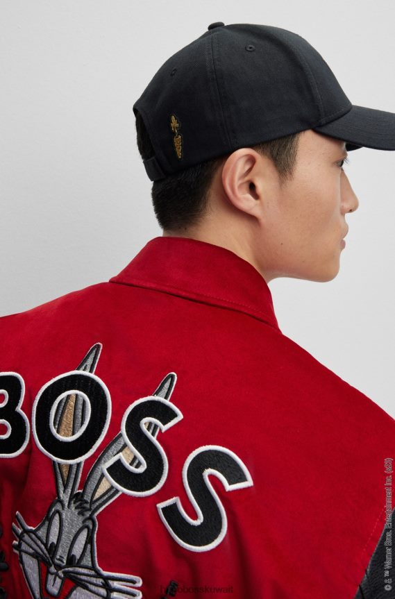 4TFNJN5454 أسود Hugo Boss قبعة لوني تونز × من نسيج قطني مضلع مع شعار ورقعة شخصية