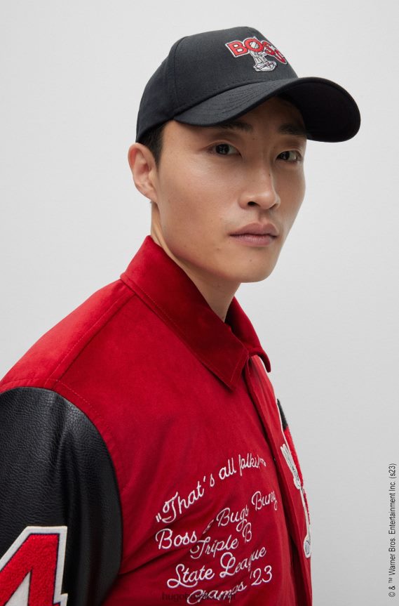 4TFNJN5454 أسود Hugo Boss قبعة لوني تونز × من نسيج قطني مضلع مع شعار ورقعة شخصية