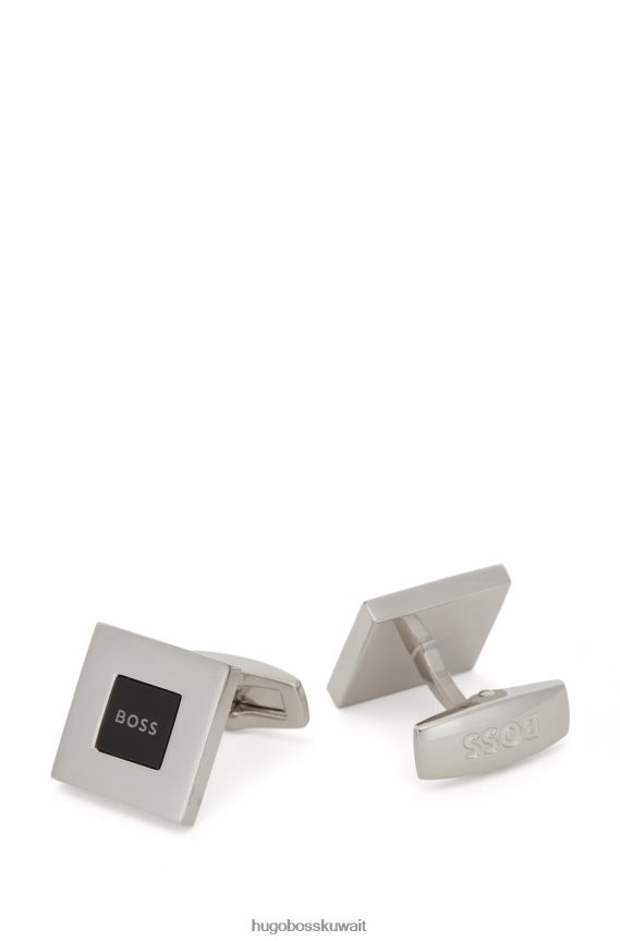 4TFNJN5469 أسود Hugo Boss أزرار أكمام هوغو مربعة الشكل باللون الأسود مع شعار مرصع بالعقيق الأسود