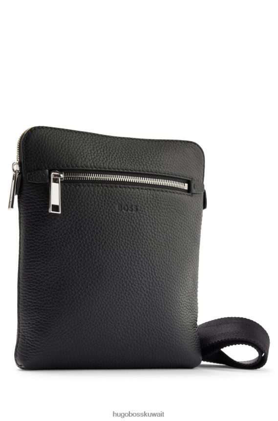 4TFNJN5487 أسود Hugo Boss حقيبة هوغو سوداء من الجلد الإيطالي المحبب مع جيب أمامي بسحاب