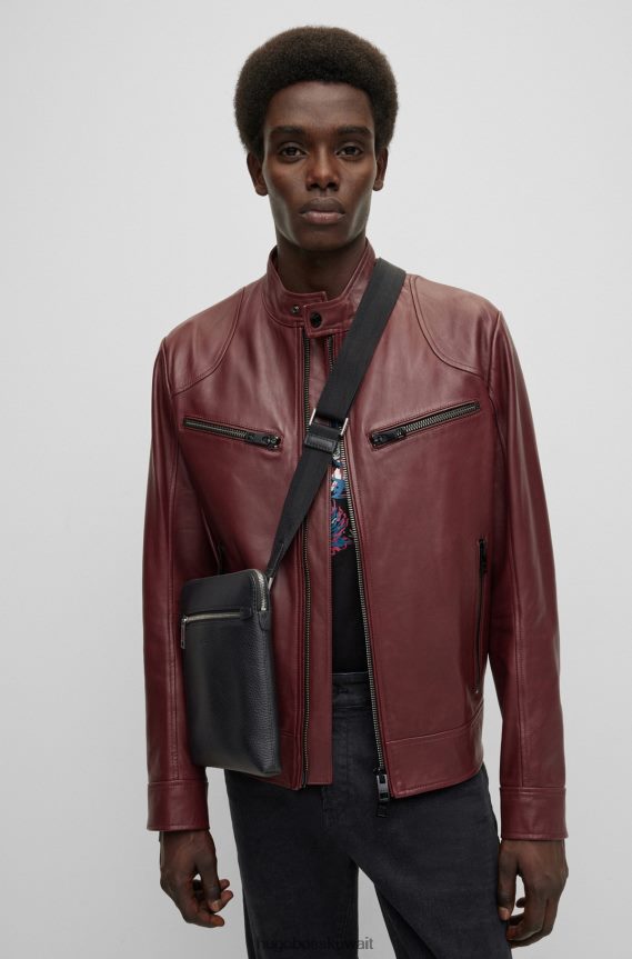 4TFNJN5487 أسود Hugo Boss حقيبة هوغو سوداء من الجلد الإيطالي المحبب مع جيب أمامي بسحاب