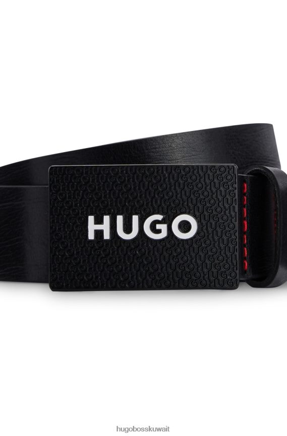 4TFNJN5493 أسود Hugo Boss حزام هوغو من الجلد الإيطالي باللون الأسود مع إبزيم من البلاك يحمل العلامة التجارية