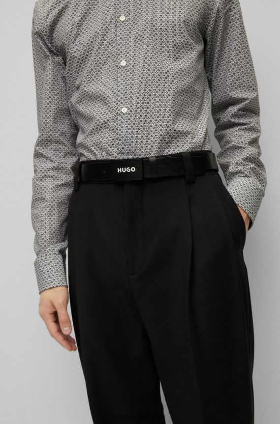 4TFNJN5493 أسود Hugo Boss حزام هوغو من الجلد الإيطالي باللون الأسود مع إبزيم من البلاك يحمل العلامة التجارية