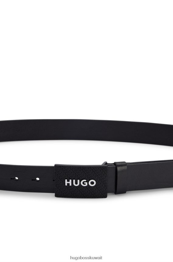 4TFNJN5493 أسود Hugo Boss حزام هوغو من الجلد الإيطالي باللون الأسود مع إبزيم من البلاك يحمل العلامة التجارية