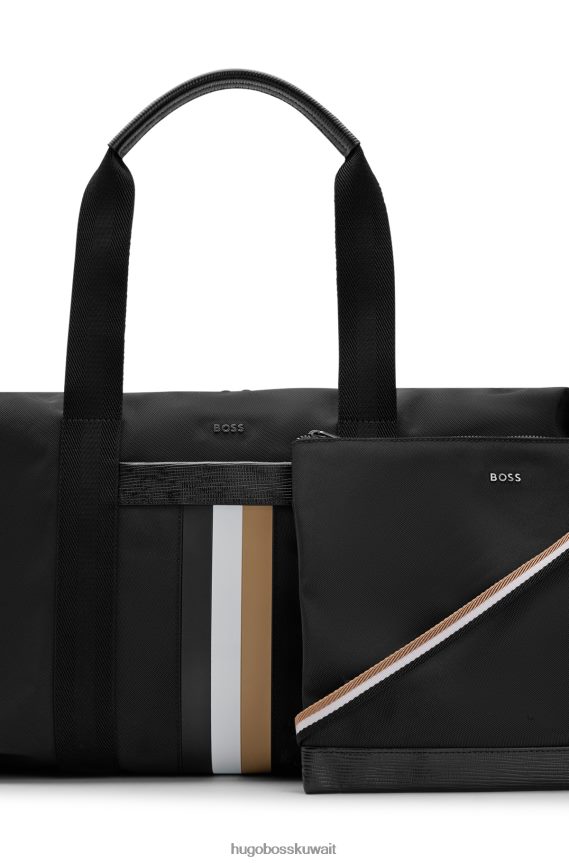 4TFNJN5494 أسود Hugo Boss حقيبة هوغو باللون الأسود ذات الخطوط المميزة من القماش المعاد تدويره مع حقيبة داخلية