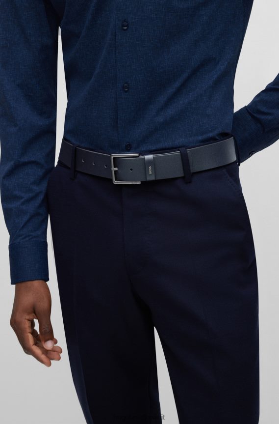 4TFNJN5501 أزرق غامق Hugo Boss حزام جلدي مطبوع من هوغو مع حافظة شعار باللون الأزرق الداكن
