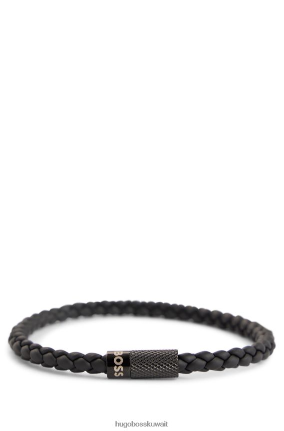 4TFNJN5508 أسود Hugo Boss أساور مطاطية مضفرة إيطالية الصنع مع شعار مغناطيسي للإغلاق باللون الأسود