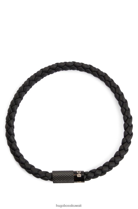 4TFNJN5508 أسود Hugo Boss أساور مطاطية مضفرة إيطالية الصنع مع شعار مغناطيسي للإغلاق باللون الأسود