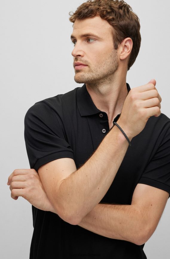 4TFNJN5508 أسود Hugo Boss أساور مطاطية مضفرة إيطالية الصنع مع شعار مغناطيسي للإغلاق باللون الأسود