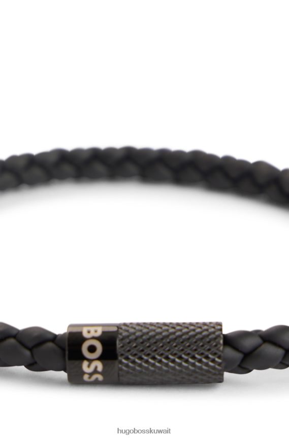 4TFNJN5508 أسود Hugo Boss أساور مطاطية مضفرة إيطالية الصنع مع شعار مغناطيسي للإغلاق باللون الأسود