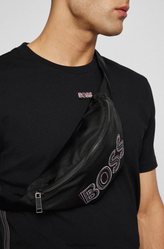 4TFNJN5510 أسود Hugo Boss حقيبة حزام من النايلون المعاد تدويره مع طباعة شعار هوغو بطبقات باللون الأسود