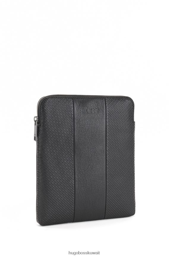 4TFNJN5511 أسود Hugo Boss حقيبة مغلف من الجلد الإيطالي العادي والمزخرف