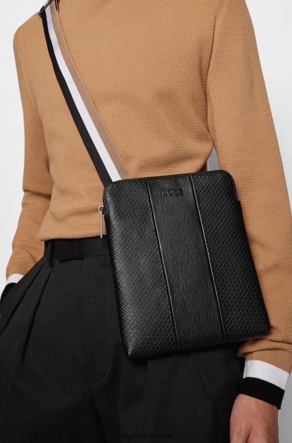 4TFNJN5511 أسود Hugo Boss حقيبة مغلف من الجلد الإيطالي العادي والمزخرف