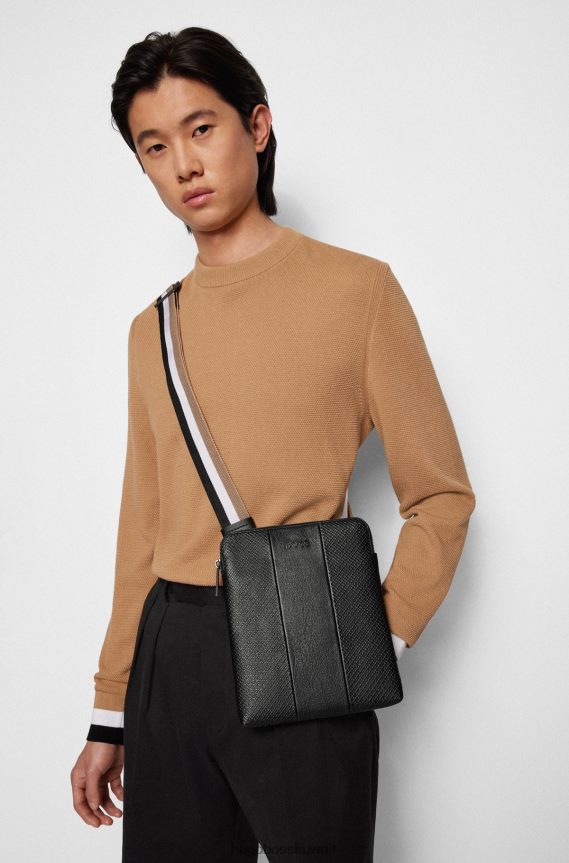 4TFNJN5511 أسود Hugo Boss حقيبة مغلف من الجلد الإيطالي العادي والمزخرف