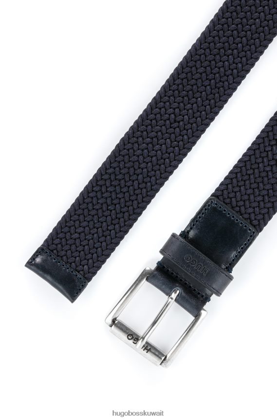 4TFNJN5515 أزرق غامق Hugo Boss حزام مرن منسوج إيطالي الصنع من هوغو مع حواف جلدية باللون الأزرق الداكن