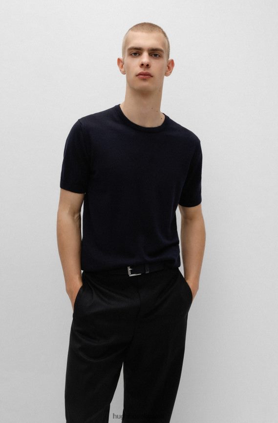 4TFNJN5515 أزرق غامق Hugo Boss حزام مرن منسوج إيطالي الصنع من هوغو مع حواف جلدية باللون الأزرق الداكن