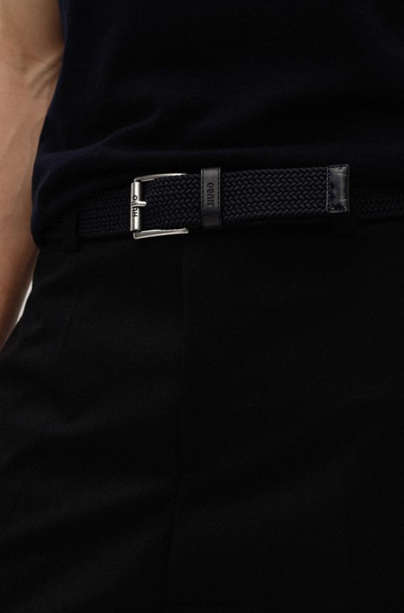 4TFNJN5515 أزرق غامق Hugo Boss حزام مرن منسوج إيطالي الصنع من هوغو مع حواف جلدية باللون الأزرق الداكن