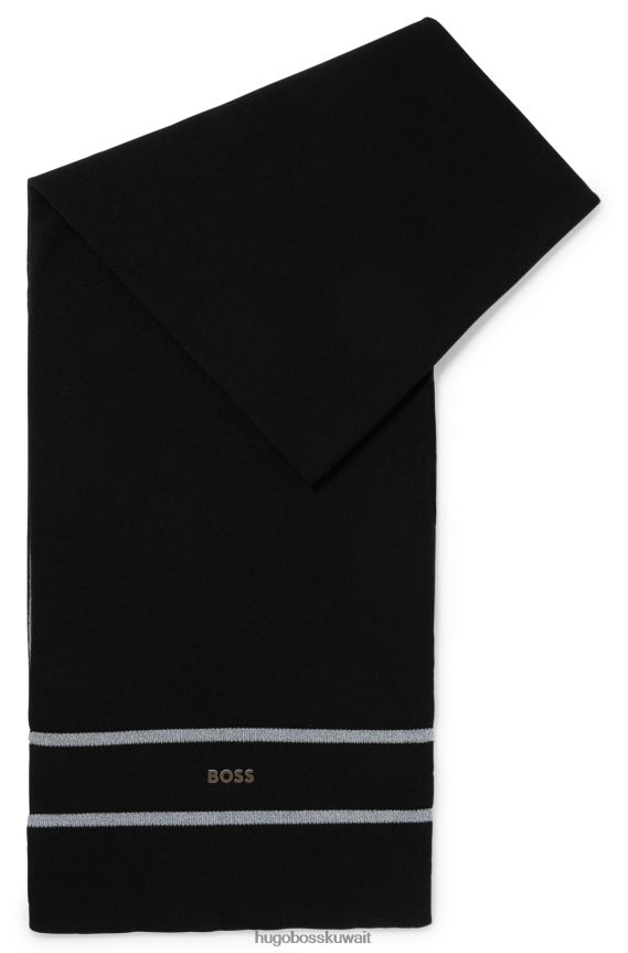 4TFNJN5532 أسود Hugo Boss وشاح بشريط عاكس مزخرف وشعار هوغو باللون الأسود