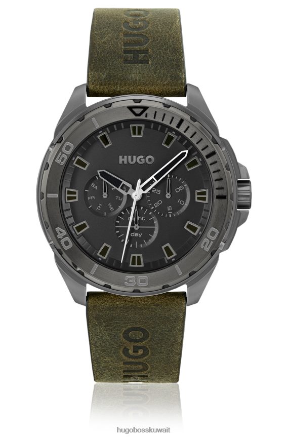 4TFNJN5534 حزمة مسبقة متنوعة Hugo Boss ساعة مطلية باللون الرمادي مع حزام جلدي مزين بالشعار