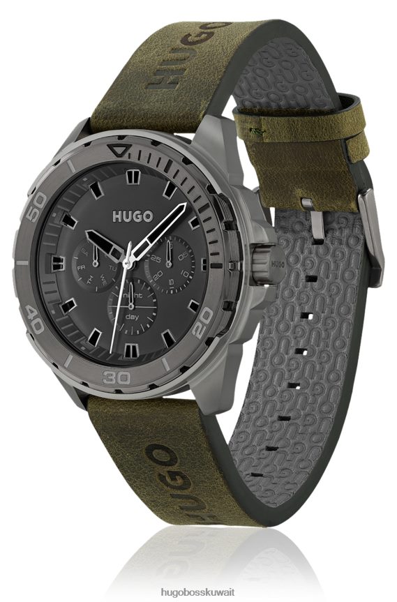 4TFNJN5534 حزمة مسبقة متنوعة Hugo Boss ساعة مطلية باللون الرمادي مع حزام جلدي مزين بالشعار