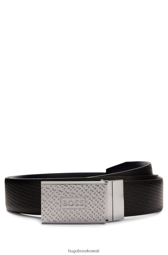 4TFNJN5538 أسود Hugo Boss حزام أسود من الجلد الإيطالي ذو وجهين مزود بإبزيم دبوس ولوحة هوغو