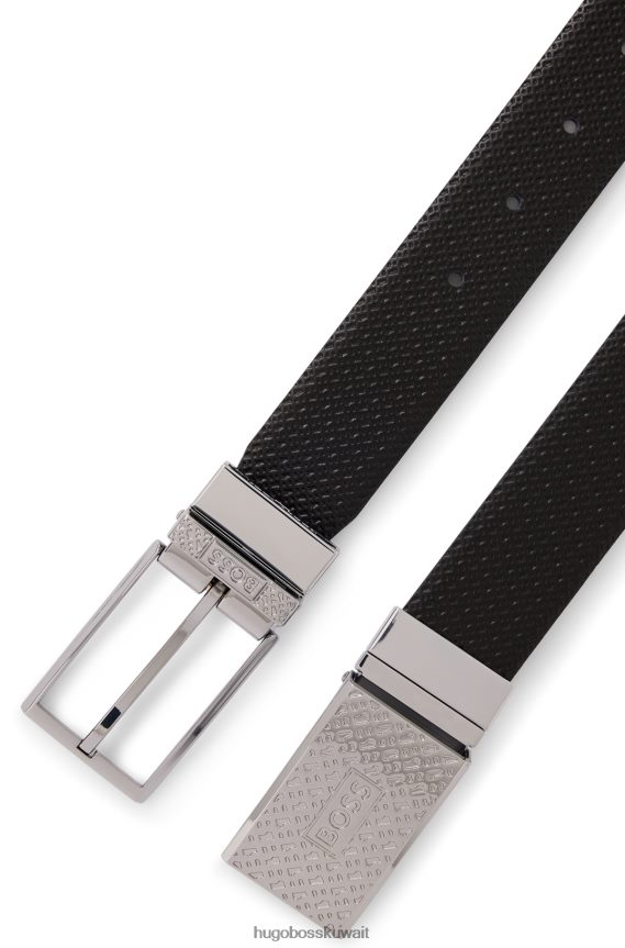 4TFNJN5538 أسود Hugo Boss حزام أسود من الجلد الإيطالي ذو وجهين مزود بإبزيم دبوس ولوحة هوغو