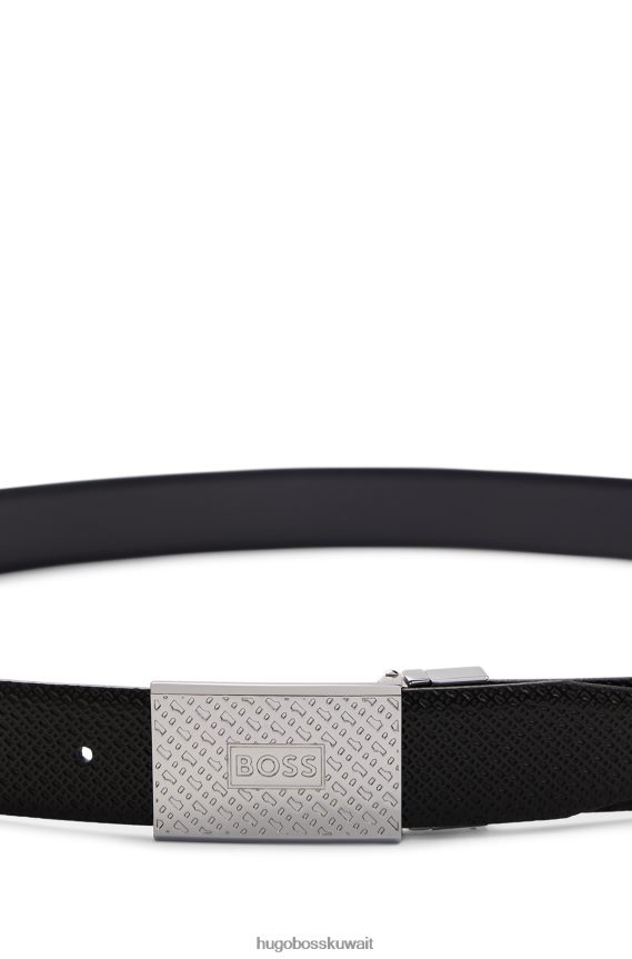 4TFNJN5538 أسود Hugo Boss حزام أسود من الجلد الإيطالي ذو وجهين مزود بإبزيم دبوس ولوحة هوغو