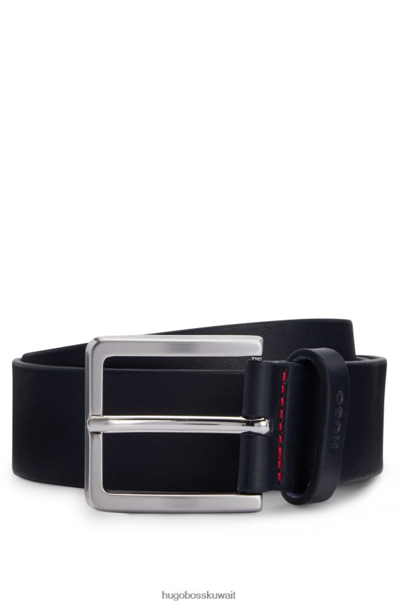 4TFNJN5579 أزرق غامق Hugo Boss حزام من الجلد المحبب مع أجزاء معدنية مصقولة