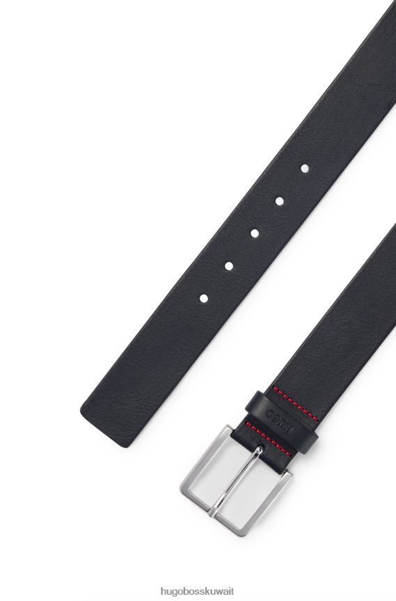 4TFNJN5579 أزرق غامق Hugo Boss حزام من الجلد المحبب مع أجزاء معدنية مصقولة