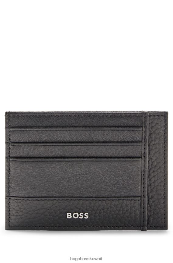 4TFNJN5581 أسود Hugo Boss حافظة بطاقات هوغو من الجلد المحبب مع حروف الشعار باللون الأسود