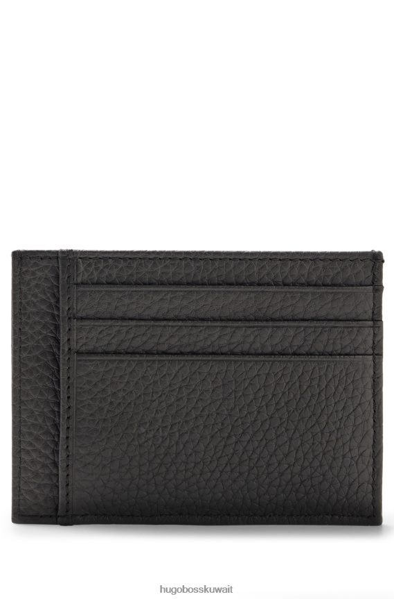 4TFNJN5581 أسود Hugo Boss حافظة بطاقات هوغو من الجلد المحبب مع حروف الشعار باللون الأسود