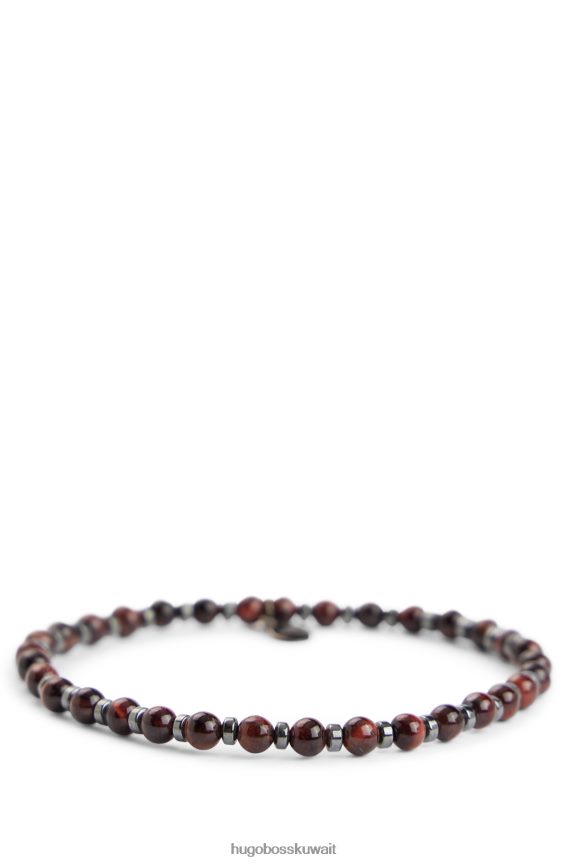 4TFNJN5583 بني Hugo Boss سوار عين النمر البني والهيماتيت مع علامة معدنية تحمل علامة هوغو