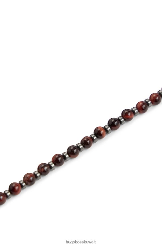 4TFNJN5583 بني Hugo Boss سوار عين النمر البني والهيماتيت مع علامة معدنية تحمل علامة هوغو