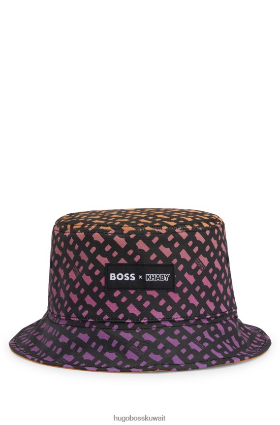 4TFNJN5595 برتقالي فاتح Hugo Boss قبعة دلو ذات وجهين × خابي مع حروف مونوغرامية على كامل التصميم