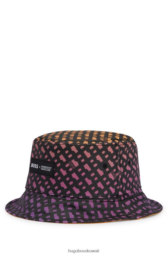 4TFNJN5595 برتقالي فاتح Hugo Boss قبعة دلو ذات وجهين × خابي مع حروف مونوغرامية على كامل التصميم