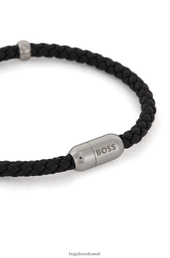 4TFNJN5599 أسود Hugo Boss سوار هوغو من الجلد المضفر باللون الأسود مع إغلاق مغناطيسي يحمل العلامة التجارية