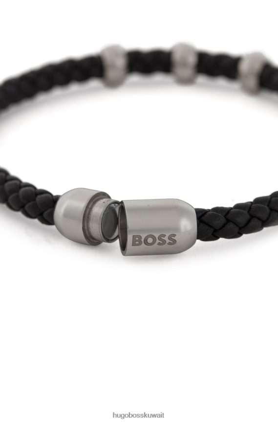 4TFNJN5599 أسود Hugo Boss سوار هوغو من الجلد المضفر باللون الأسود مع إغلاق مغناطيسي يحمل العلامة التجارية