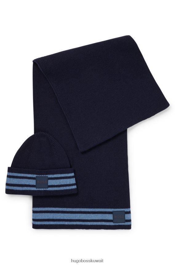 4TFNJN5622 أزرق غامق Hugo Boss طقم هدية وشاح برقعة شعار وقبعة صغيرة باللون الأزرق الداكن