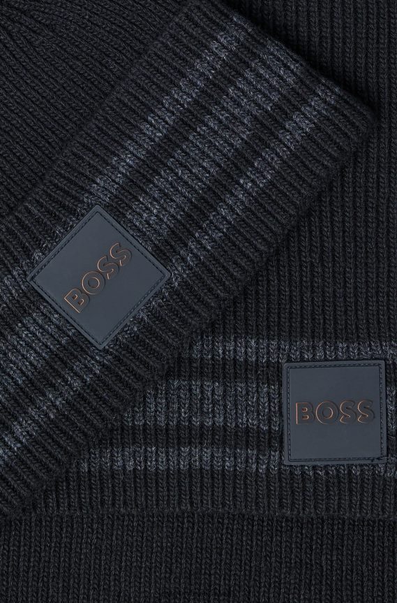 4TFNJN5623 أسود Hugo Boss مجموعة هدايا هيوغو وشاح أسود برقعة شعار وقبعة صغيرة