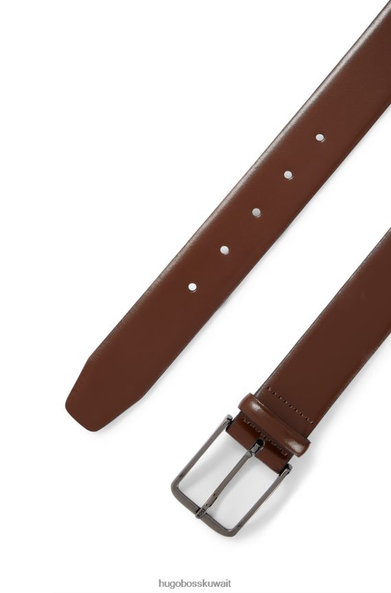 4TFNJN5628 بني Hugo Boss حزام من الجلد الإيطالي مع مشبك دبوس منقوش عليه شعار هوغو بني