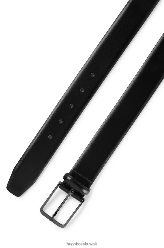 4TFNJN5629 أسود Hugo Boss حزام أسود من الجلد الإيطالي مع إبزيم دبوسي منقوش عليه شعار هوغو