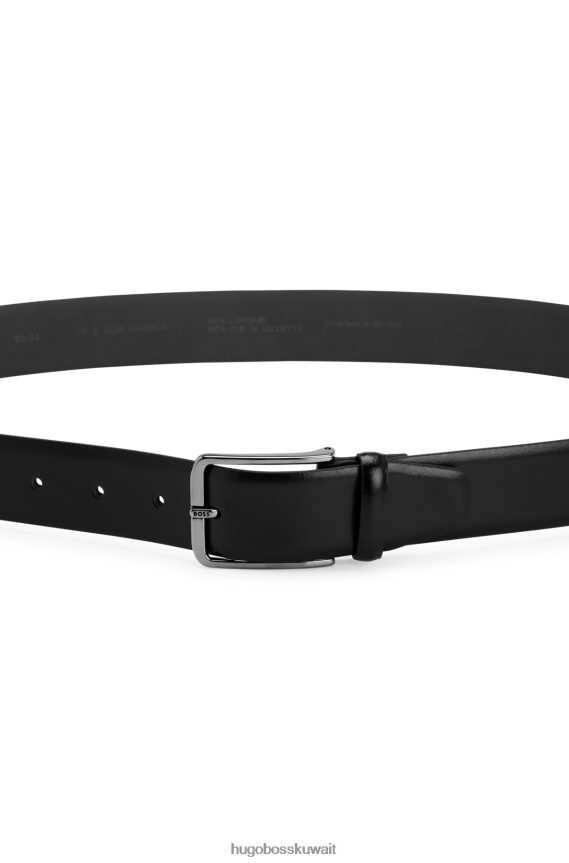 4TFNJN5629 أسود Hugo Boss حزام أسود من الجلد الإيطالي مع إبزيم دبوسي منقوش عليه شعار هوغو