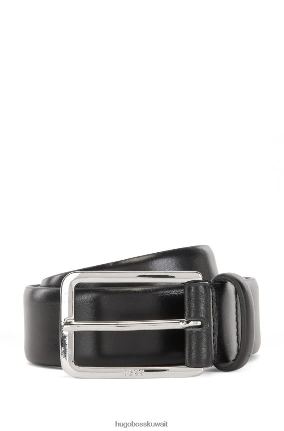4TFNJN5666 أسود Hugo Boss حزام من الجلد الإيطالي بإبزيم دبوسي مصقول باللون الأسود