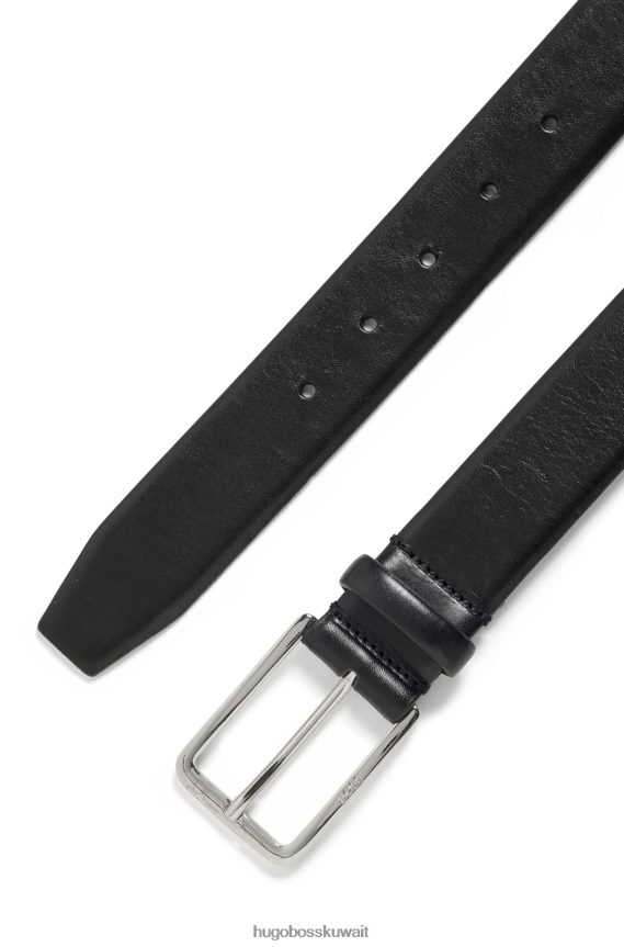 4TFNJN5666 أسود Hugo Boss حزام من الجلد الإيطالي بإبزيم دبوسي مصقول باللون الأسود